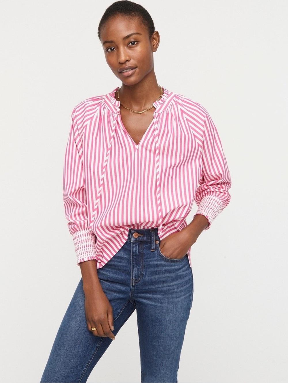 J.Crew NWT Pink Striped Smocked-Cuff Popover Blouse Small preppy cotton comfy